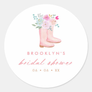 Pink Rain Boots & Flowers Bridal Shower Favour Classic Round Sticker