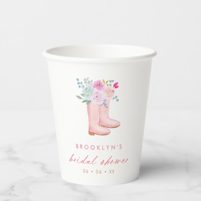 Pink Rain Boots & Flowers Bridal Shower Paper Cups (Front)