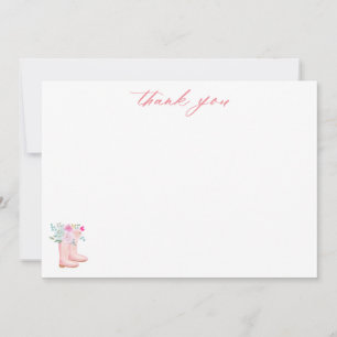 Pink Rain Boots & Flowers Script Bridal Shower Thank You Card
