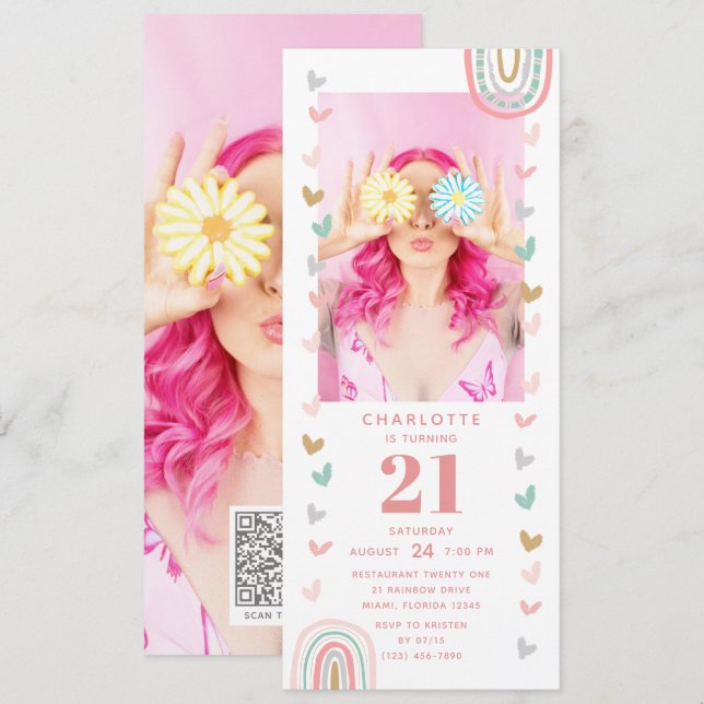 Pink Rainbow 21st Modern Photo Birthday Party Invitation (Front/Back)