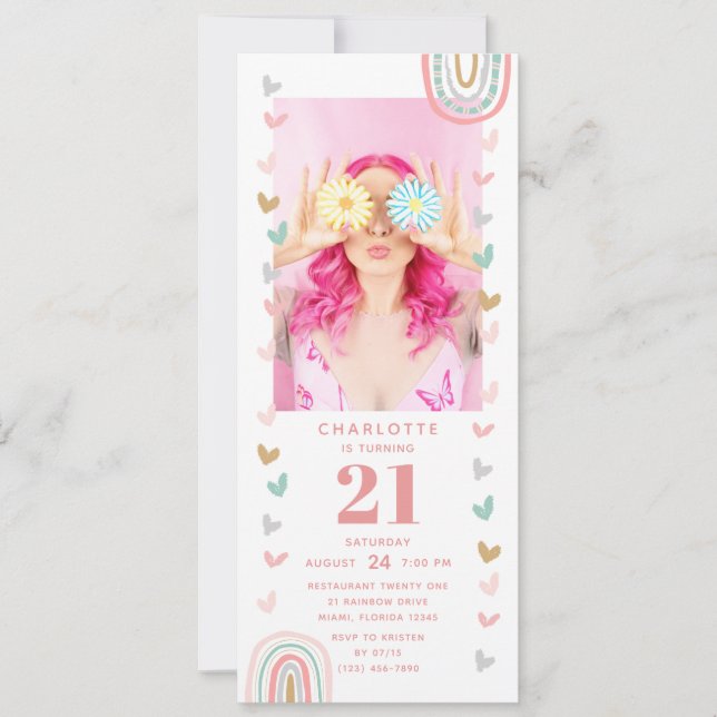 Pink Rainbow 21st Modern Photo Birthday Party Invitation (Front)