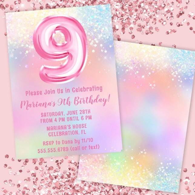 Pink Rainbow 9th Birthday Invitation (Creator Uploaded)
