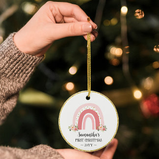 Pink Rainbow Baby First Christmas Double Sided Ceramic Ornament