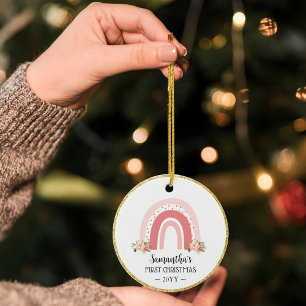 Pink Rainbow Baby's First Christmas with photo Ceramic Ornament