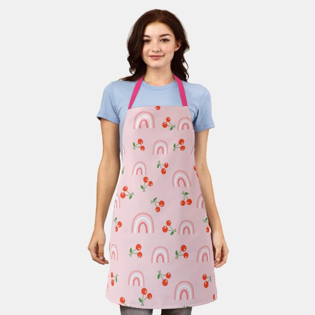 Pink Rainbow Cherry Pattern Apron (Worn)