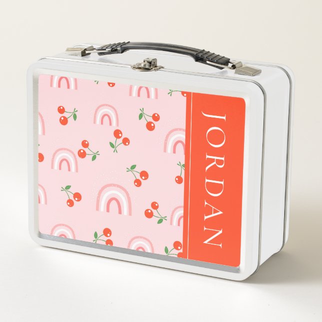 Pink Rainbow Cherry Pattern Metal Lunch Box (Front)