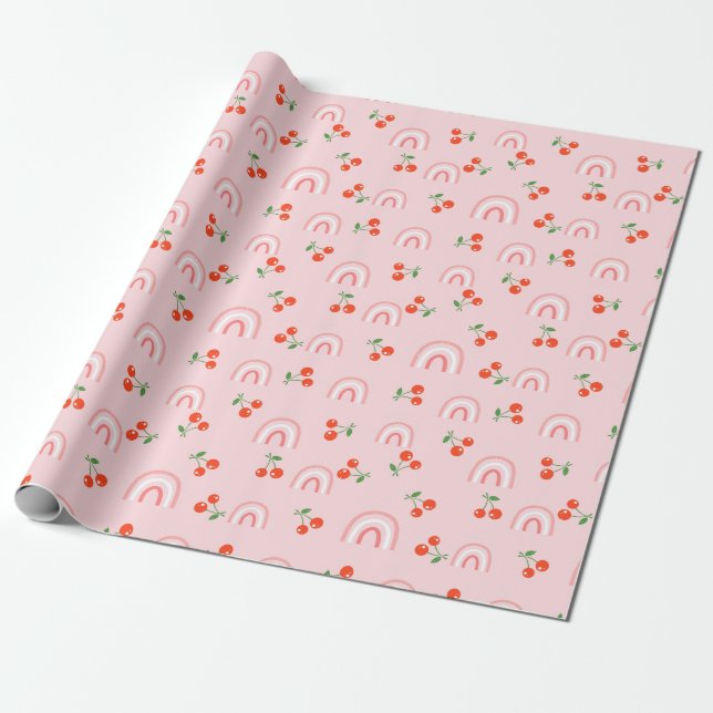 Pink Rainbow Cherry Pattern Wrapping Paper (Unrolled)