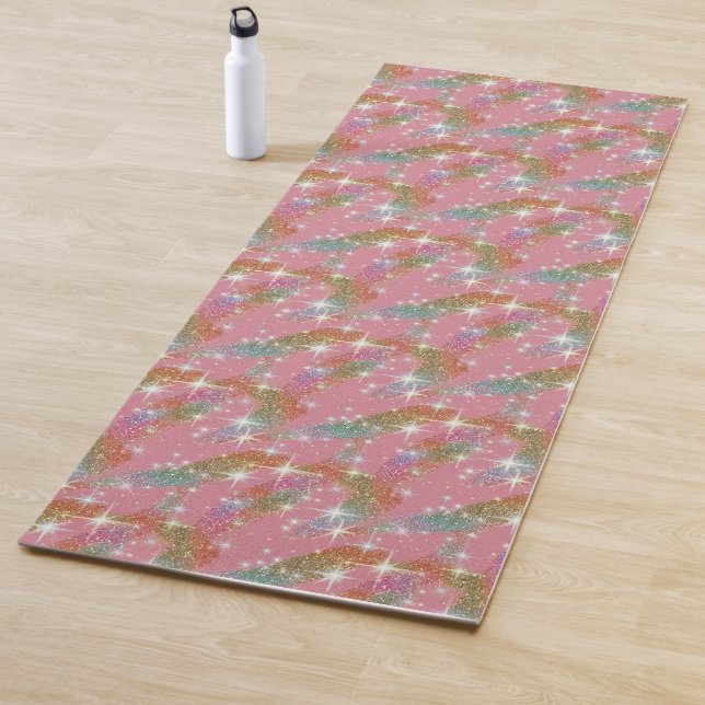 Pink Rainbow Faux Glitter Sparkle Pattern Yoga Mat (In Situ)