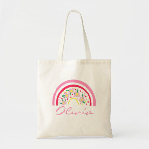 Pink Rainbow Floral Personalized Name Tote Bag
