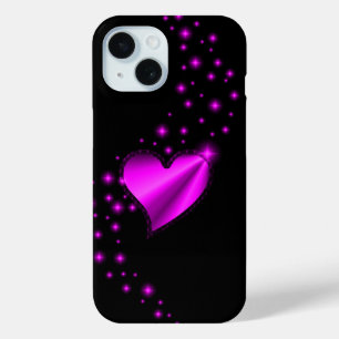 Pink Rainbow Heart with Stars on black iPhone 15 Case