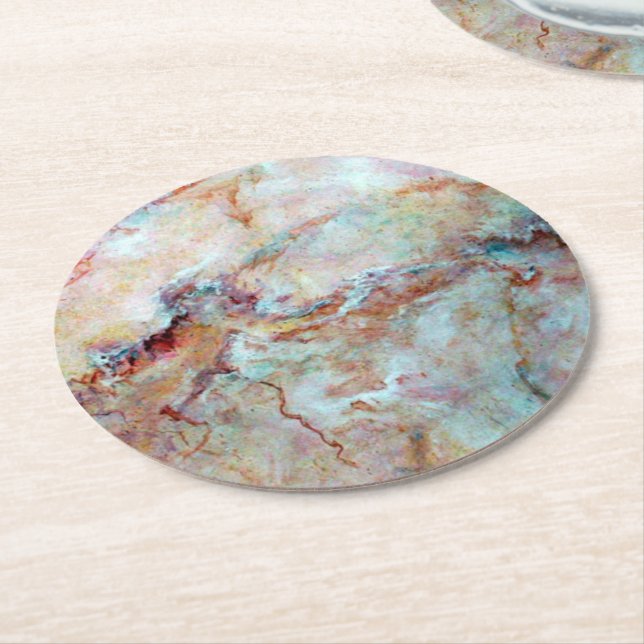 Pink rainbow marble stone finish round paper coaster (Angled)