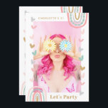 Pink Rainbow Modern Boho 21st Birthday Party Invitation<br><div class="desc">Pink Rainbow Modern 21st Birthday Party Invitations features a modern and unique photo twenty first party invitation card. Perfect to invite family and friends to your celebration. Send these to your guests with gold text '(Name) 21 Let's Party' with your photo on the front inside a rainbow and love heart...</div>