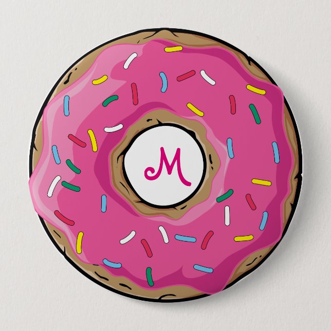 Pink Rainbow Sprinkle Doughnut 4 Inch Round Button (Front)