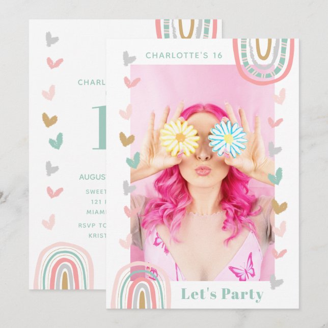 Pink Rainbow Sweet 16 Modern Boho Birthday Party Invitation (Front/Back)