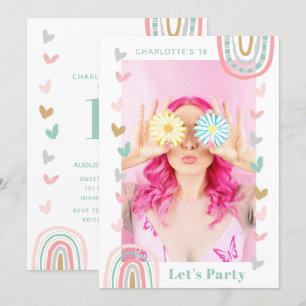 Pink Rainbow Sweet 16 Modern Boho Birthday Party Invitation