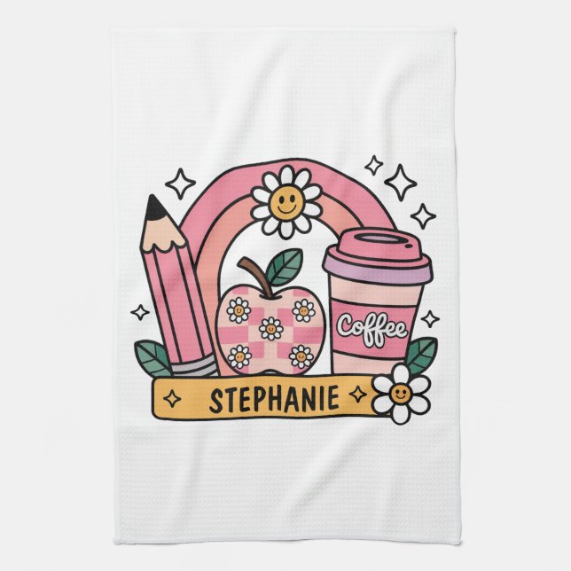 Pink Rainbow Teacher Essentials – Personalized Kitchen Towel (Vertical)