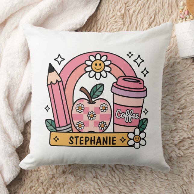 Pink Rainbow Teacher Essentials – Personalized Throw Pillow (Blanket)
