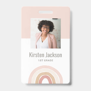 Pink Rainbow Teacher Name Tag Photo ID Badge