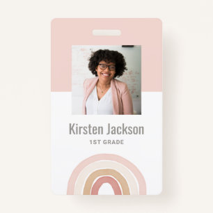 Pink Rainbow Teacher Name Tag Photo ID Badge