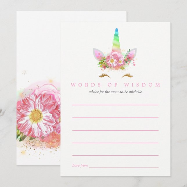 Pink Rainbow Unicorn Girl Baby Shower Mom Advice Invitation (Front/Back)