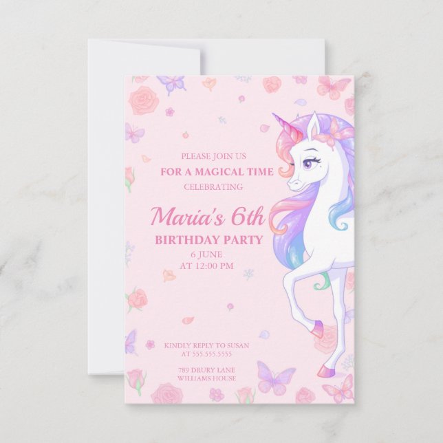Pink Rainbow Unicorn Magique Invitation d'annivers (Devant)