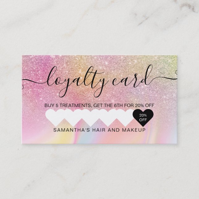pink rainbow unicorn marble glitter heart makeup loyalty card (Front)