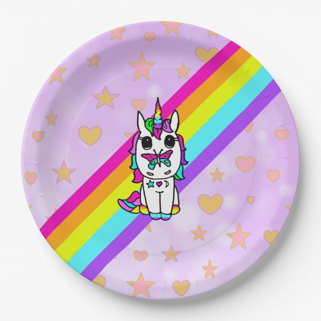Pink Rainbow Unicorn with Butterfly on Nose Paper Plate (Front)