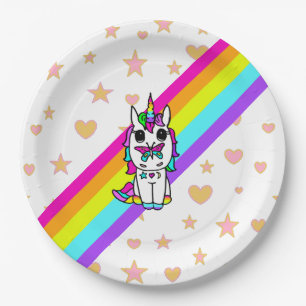 Pink Rainbow Unicorn with Butterfly on Nose Paper Plate