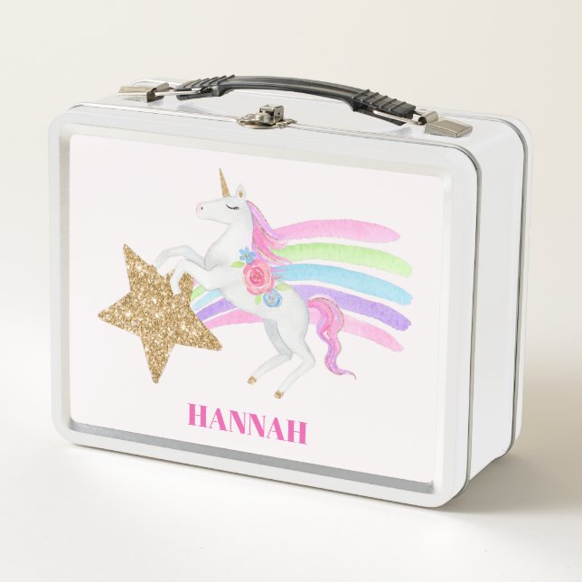 Pink Rainbow Unicorn With Gold Glitter Star Girls Metal Lunch Box (Front)