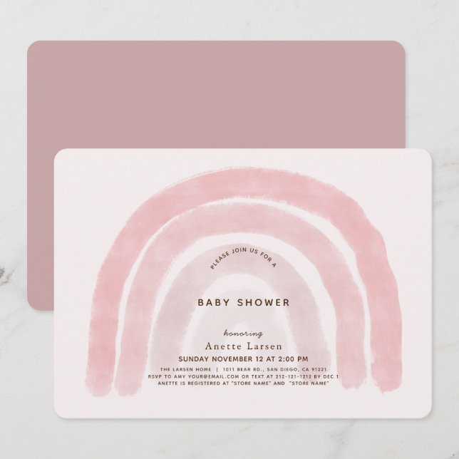 Pink Rainbow Watercolor Girl Baby Shower Invitation (Front/Back)