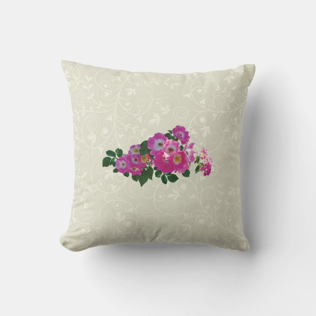 Pink Rambler Rose Throw Pillow (Front)