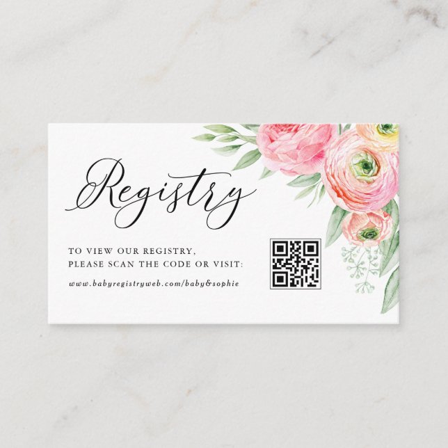 Pink Ranunculus Baby Shower QR Code Registry Enclosure Card (Front)