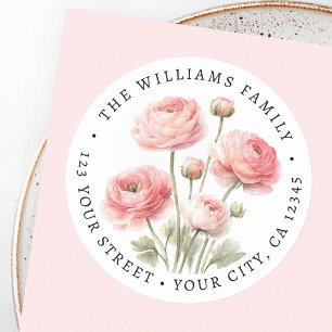 Pink ranunculus flower painting return address classic round sticker