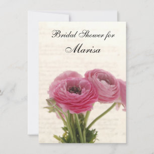 Pink ranunculus flowers on script bridal shower invitation