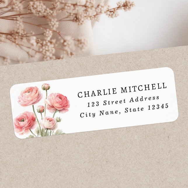Pink ranunculus peinture de fleur adresse de retou (Pink ranunculus flower painting return address label)