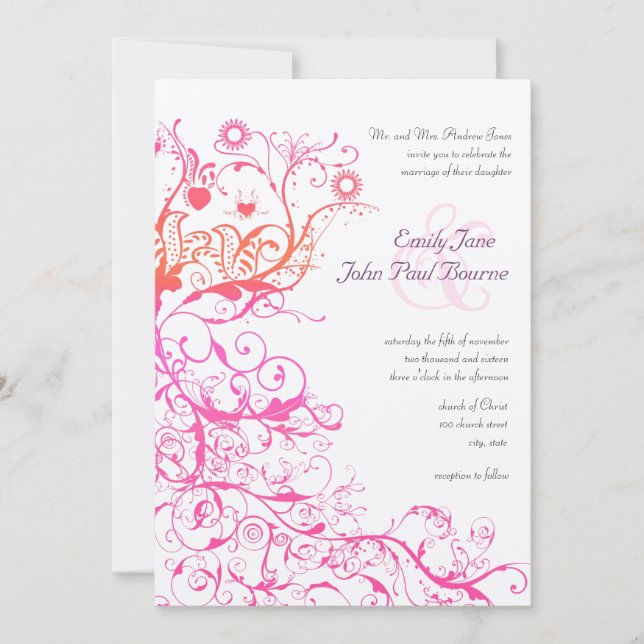 Pink Raspberry Coral Birds Swirls Wedding Invites (Front)