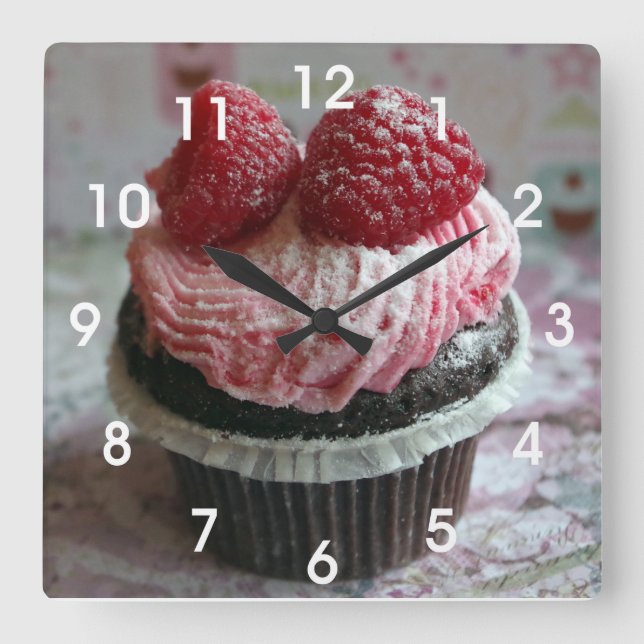 Pink Raspberry Cupcake Square Wall Clock (Front)