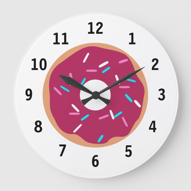 Pink Raspberry glazed doughnut Large Clock (Front)