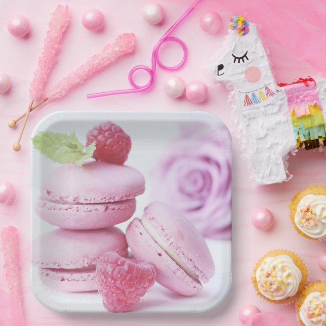 Pink Raspberry Macarons French Pastry Photo Paper Plate (Party)