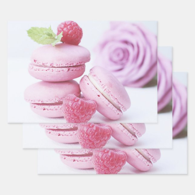 Pink Raspberry Macarons French Pastry Photo Wrapping Paper Sheet (Set)
