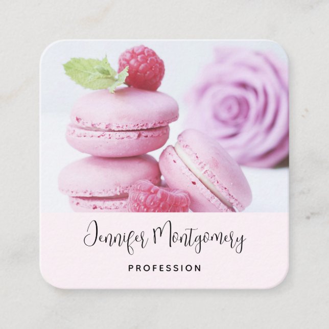 Pink Raspberry Macarons French Pastry Square Business Card (Front)