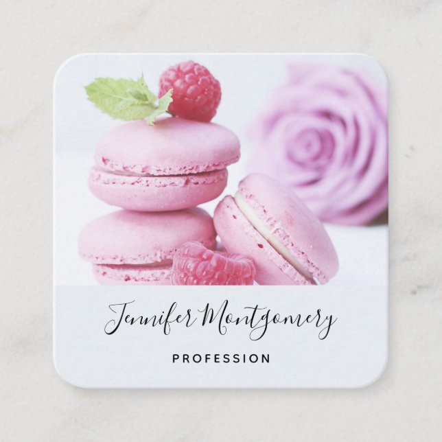 Pink Raspberry Macarons French Pastry Square Business Card (Front)