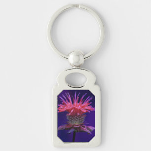 Pink Raspberry Wine Bee Balm Flower on Purple Keychain