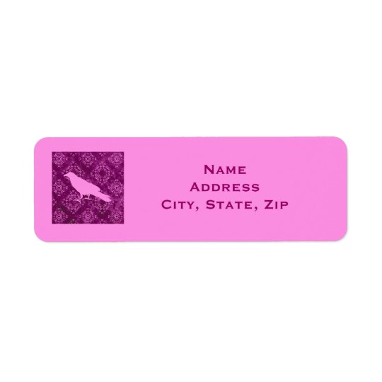 Pink raven on pink and purple damask personalized return address label