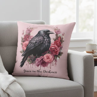 Pink Raven Roses Throw Pillow
