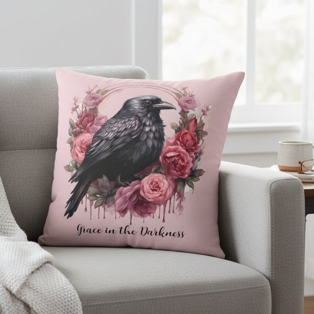 Pink Raven Roses Throw Pillow (Pink Raven with roses pillow)