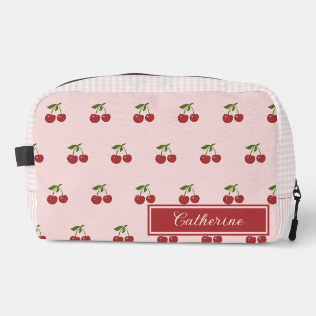 Pink Re Cherry Gingham Pattern Simple Fruit Dopp Kit (Front)