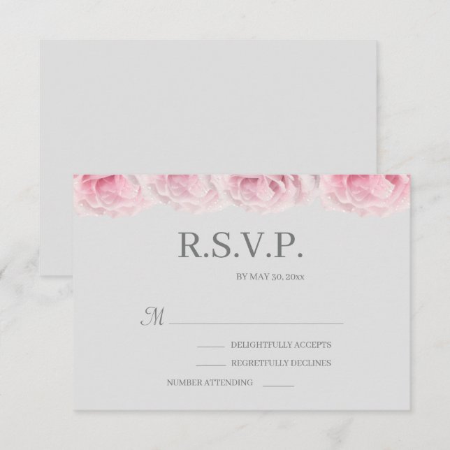 Pink Real Rose Flowers Elegant Grey Wedding RSVP Invitation (Front/Back)