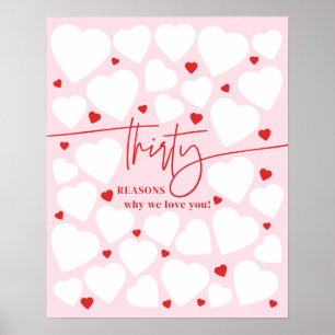 Pink & Red 30 Reasons We Love You Hearts Birthday Poster