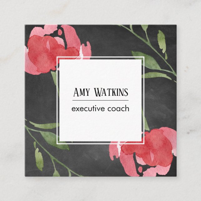 Pink Red Abstract Rose Buds Chalkboard Background Square Business Card (Front)